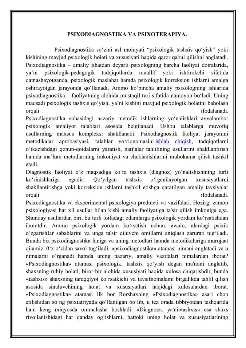 Psixodiagnostika va Psixoterapiya
