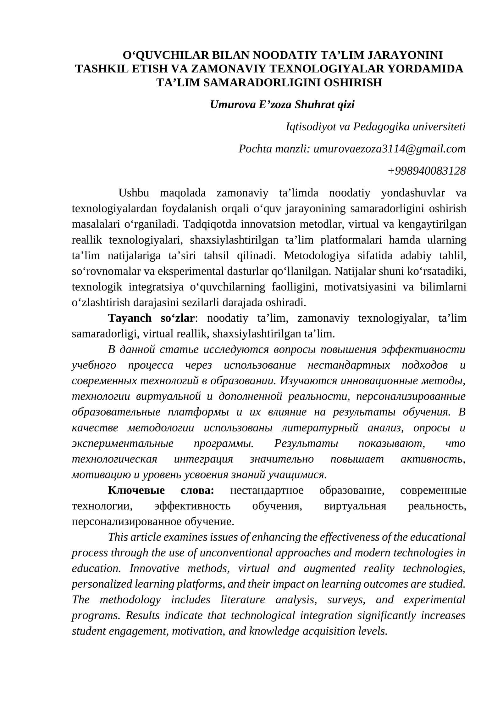 Zamonaviy taʼlimda Noodatiy Yondashuvlar va Texnologiyalar