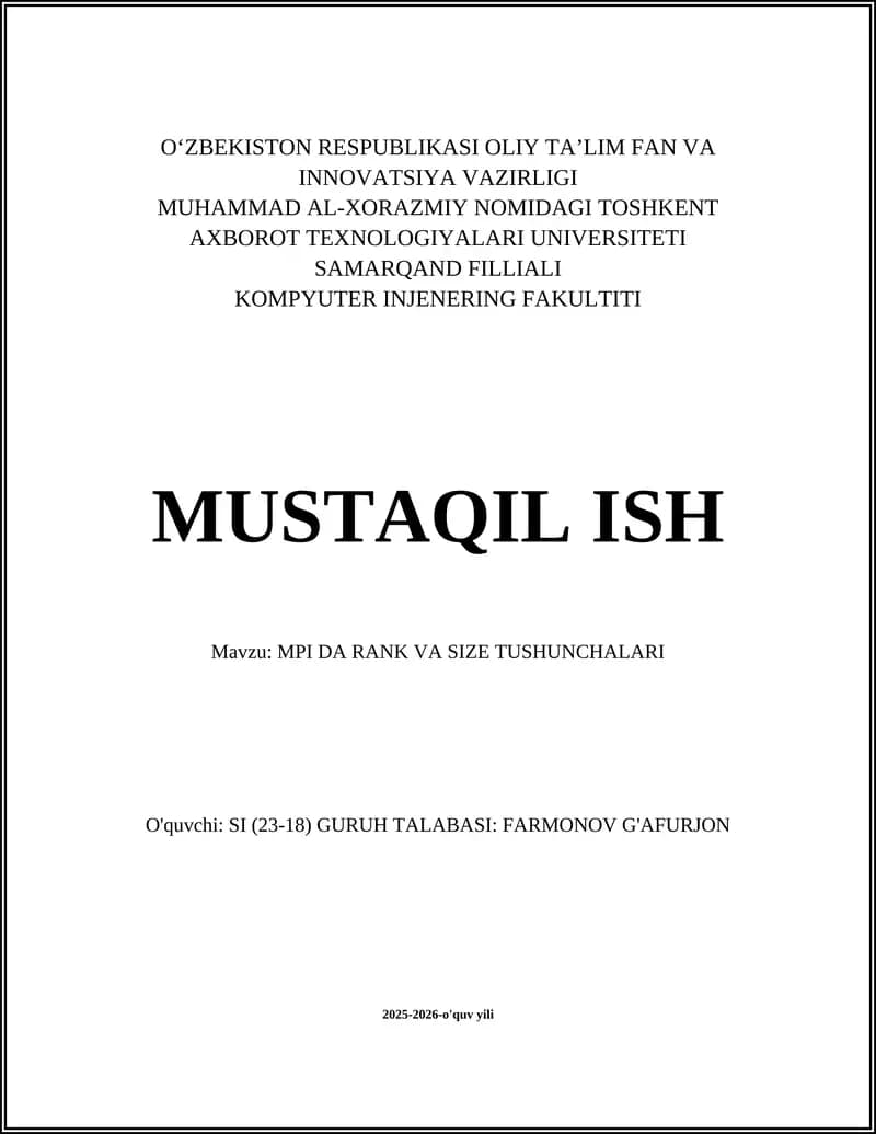 MPI DA RANK VA SIZE TUSHUNCHALARI