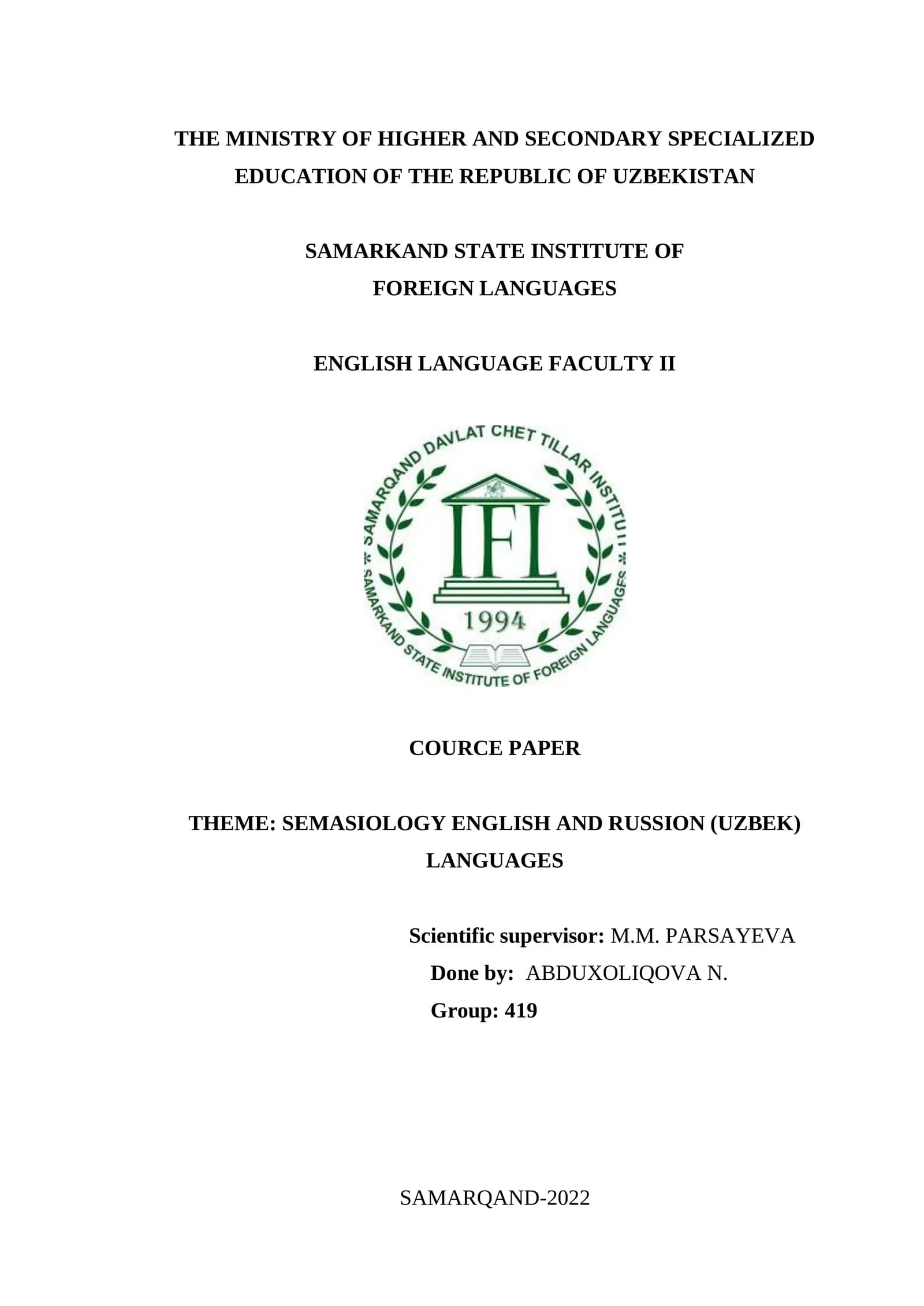 SEMASIOLOGY ENGLISH AND RUSSION (UZBEK) LANGUAGES