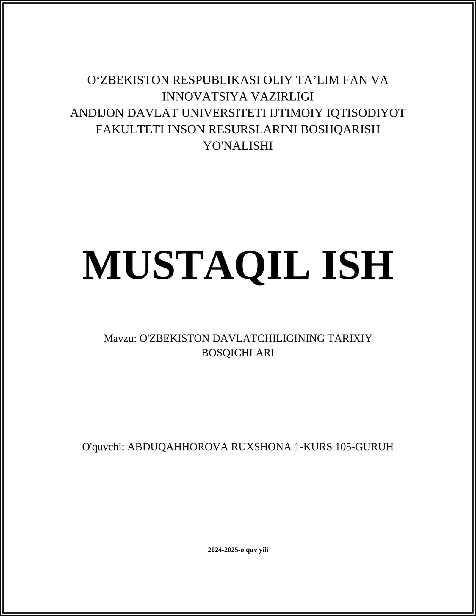O'ZBEKISTON DAVLATCHILIGINING TARIXIY BOSQICHLARI