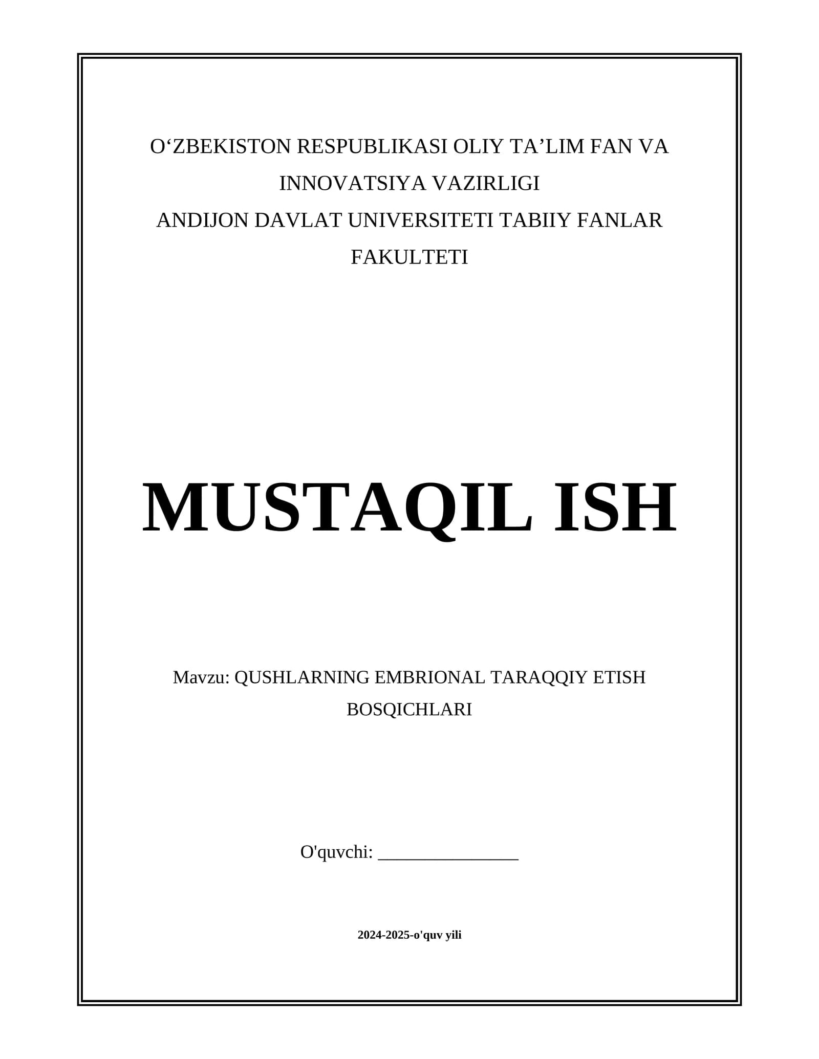 QUSHLARNING EMBRIONAL TARAQQIY ETISH BOSQICHLARI