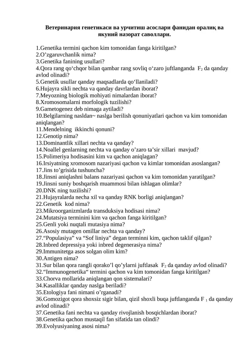 Vetеrinariya genetikasi va urchitish asoslari