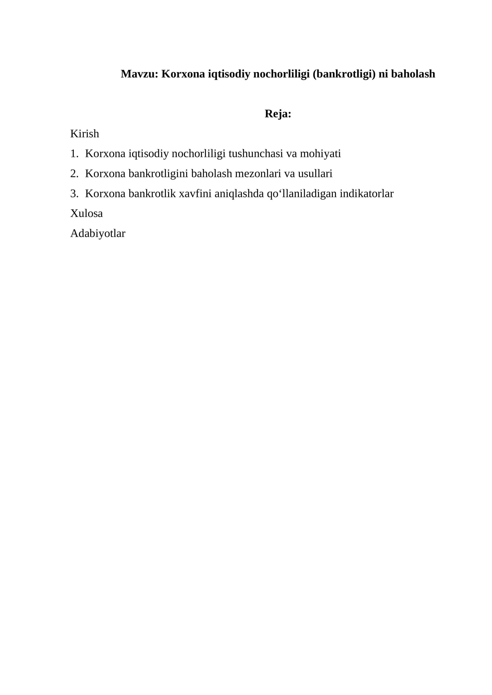Korxona iqtisodiy nochorliligi (bankrotligi) ni baholash