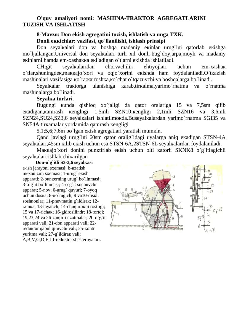 MASHINA-TRAKTOR AGREGATLARINI TUZISH VA ISHLATISH