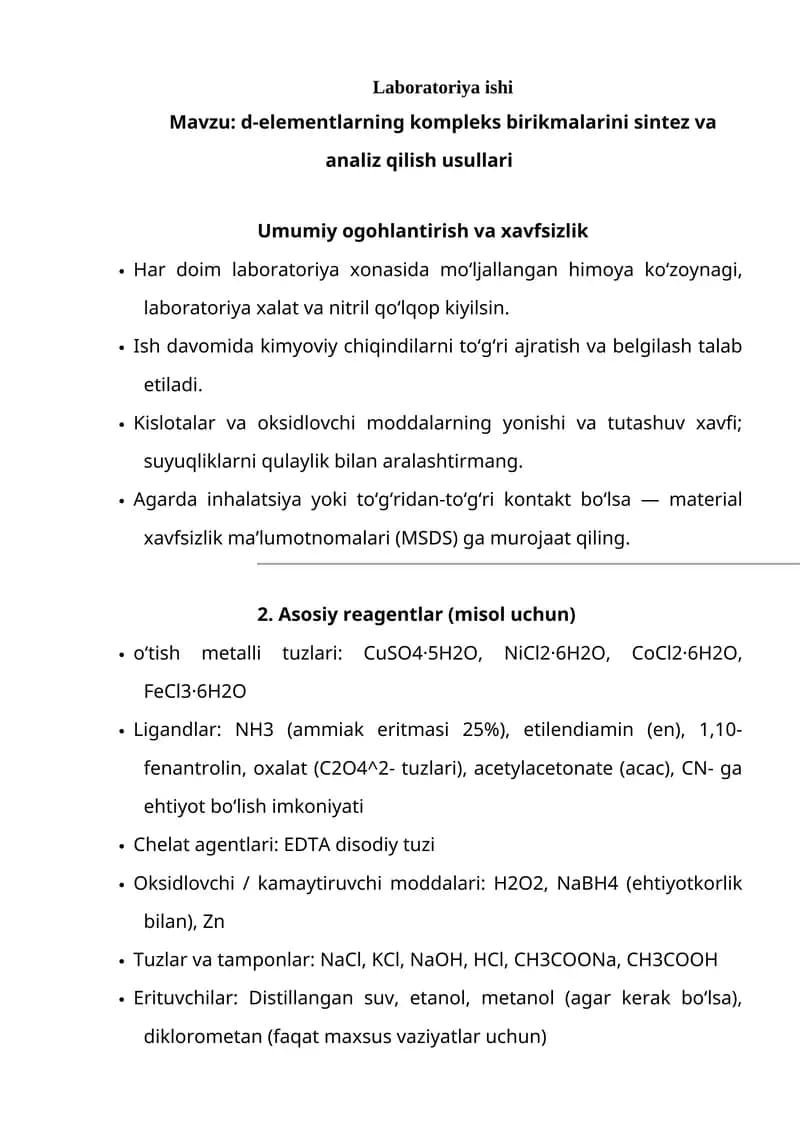 d-elementlarning kompleks birikmalarini sintez va analiz qilish usullari