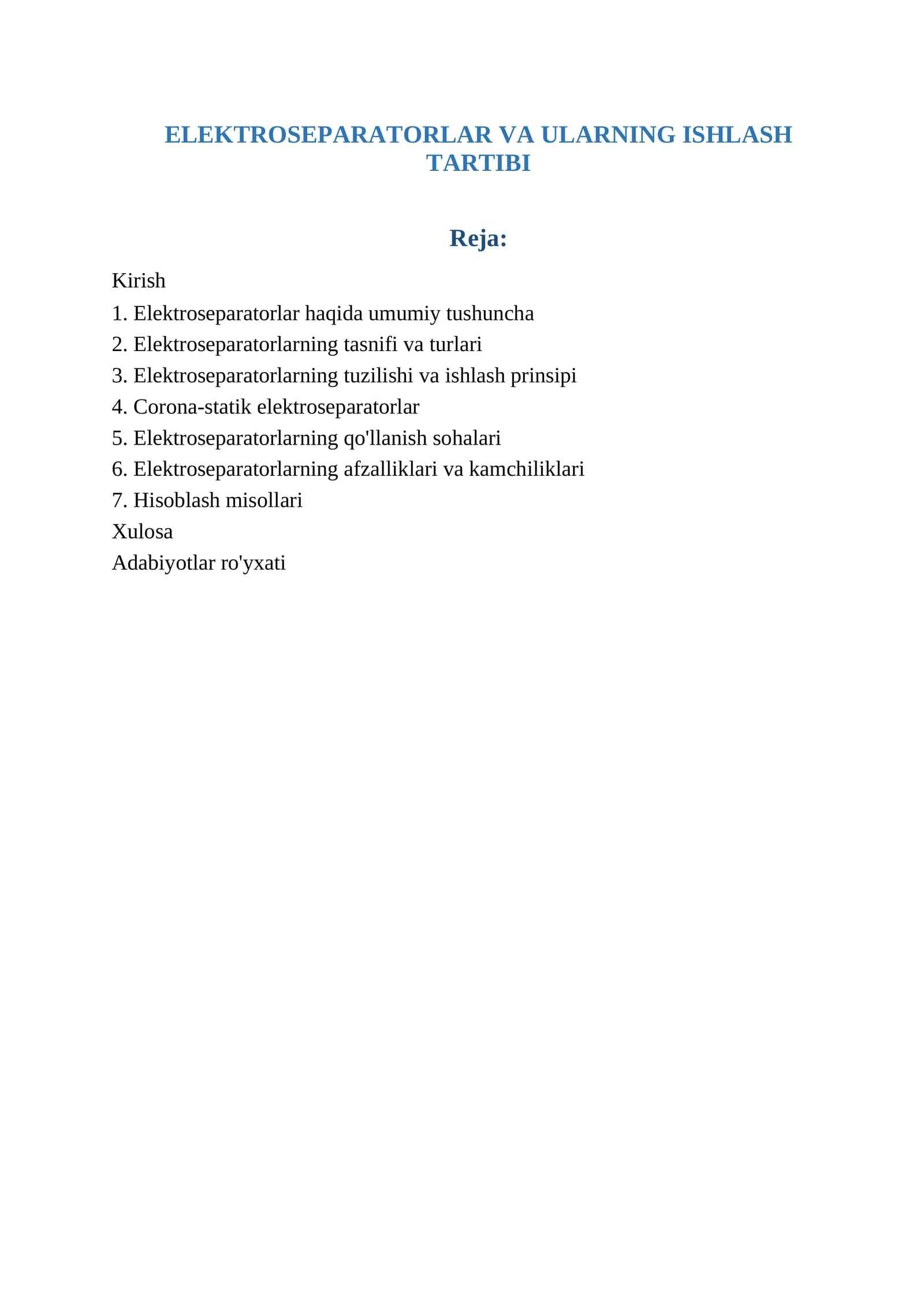 ELEKTROSEPARATORLAR VA ULARNING ISHLASH TARTIBI