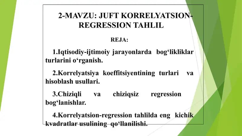 JUFT KORRЕLYATSION-RЕGRЕSSION TAHLIL