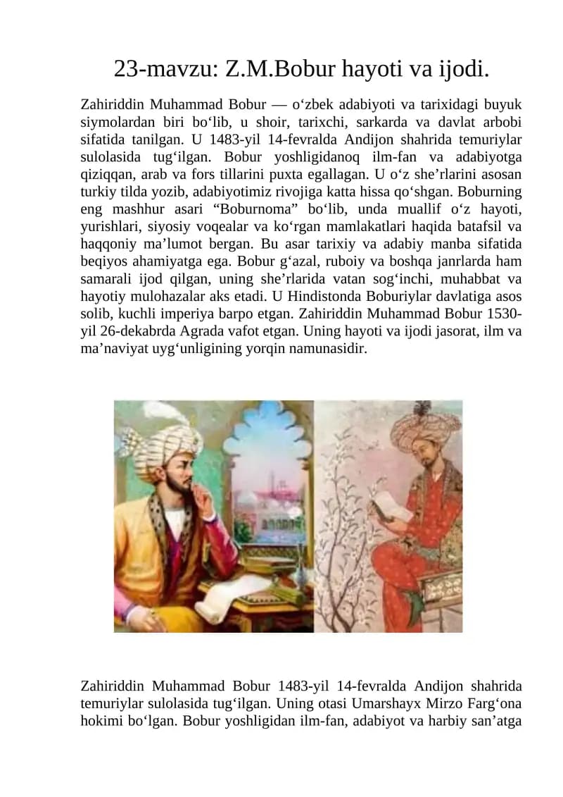 Z.M.Bobur hayoti va ijodi.