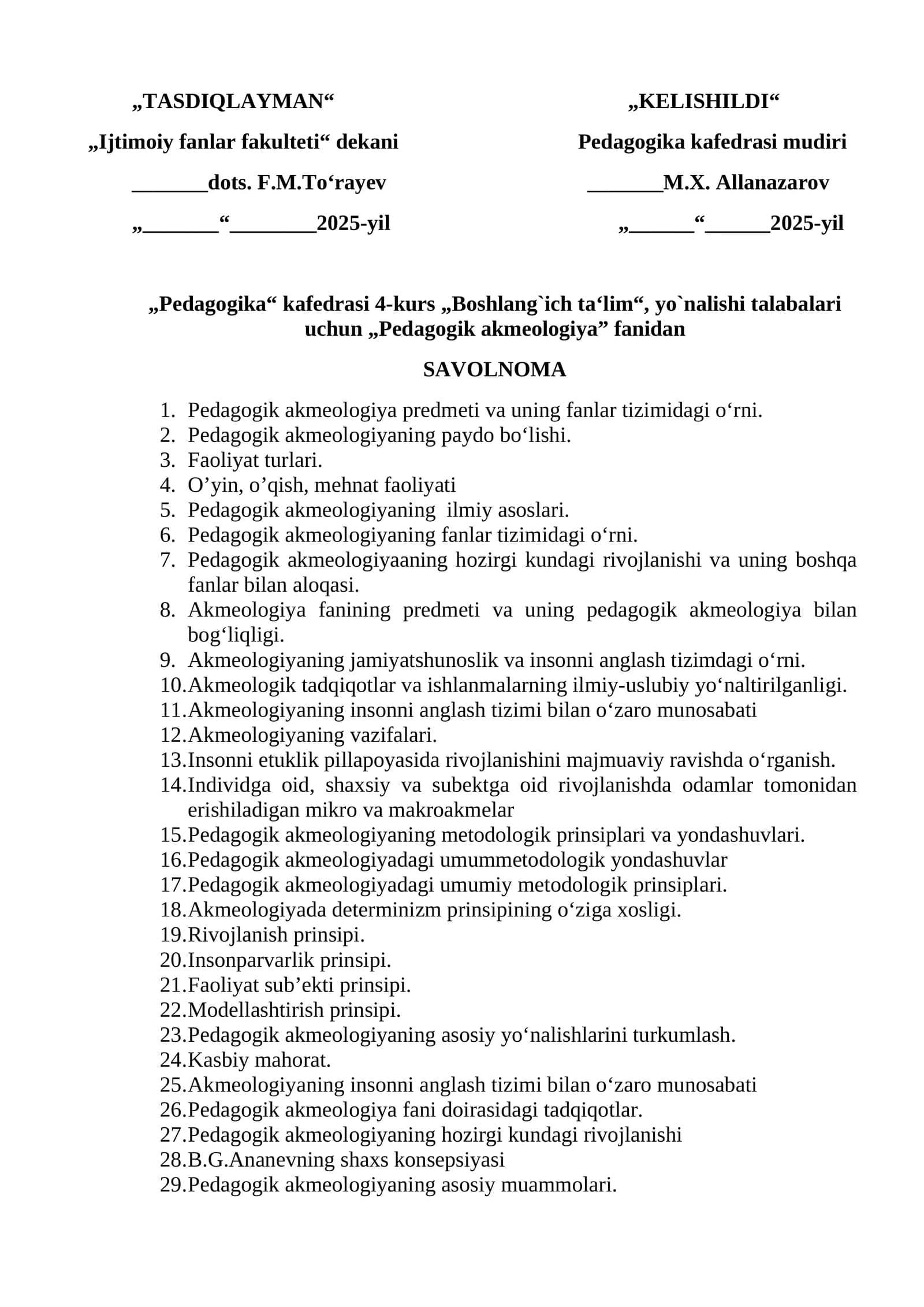 Pedagogik akmeologiya fanidan SAVOLNOMA