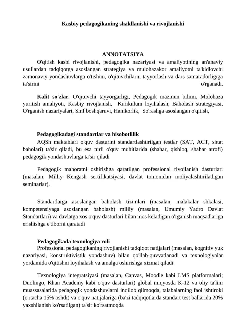 Kasbiy pedagogikaning shakllanishi va rivojlanishi