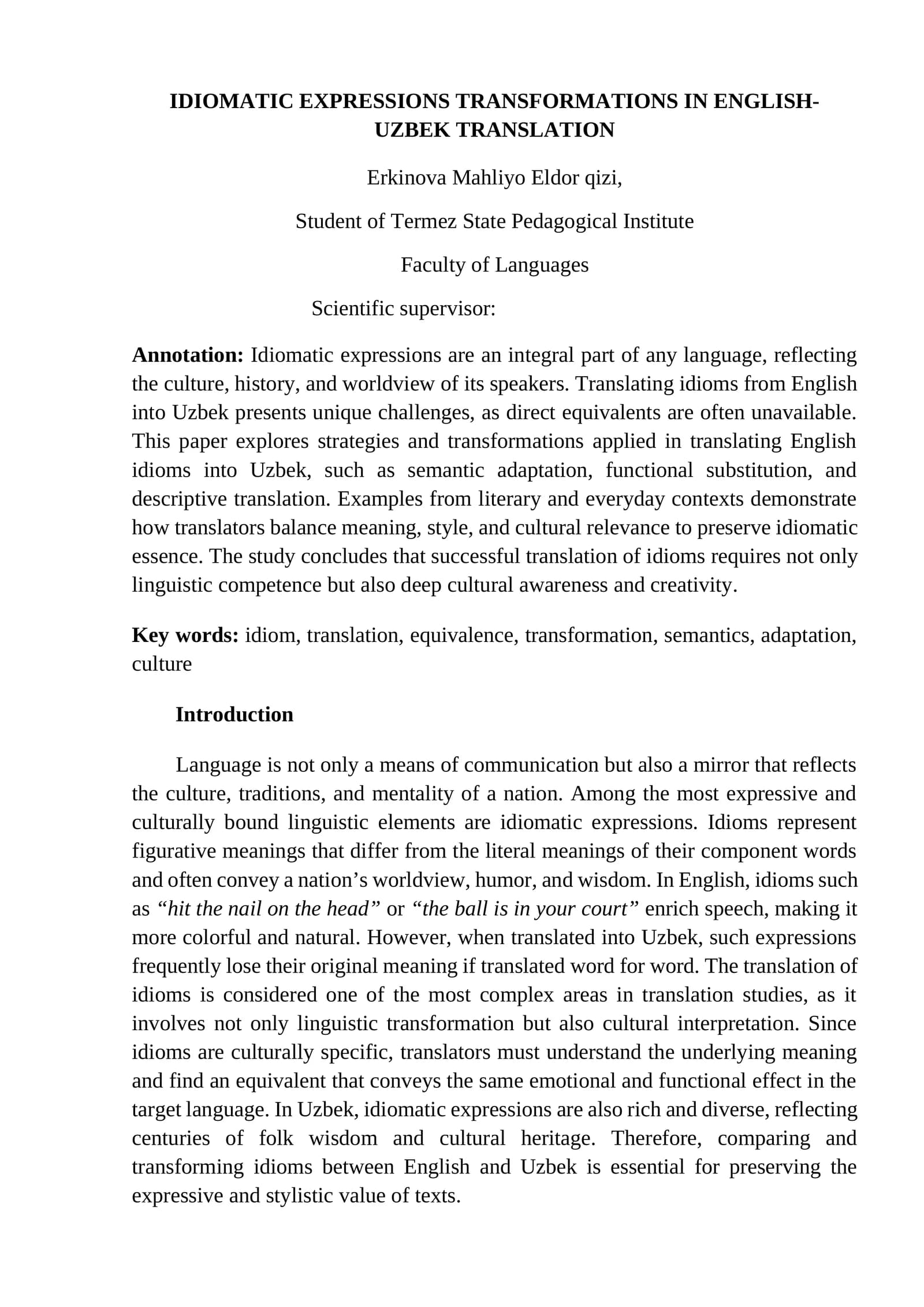 Idiomatic Expressions Transformations in English-Uzbek Translation