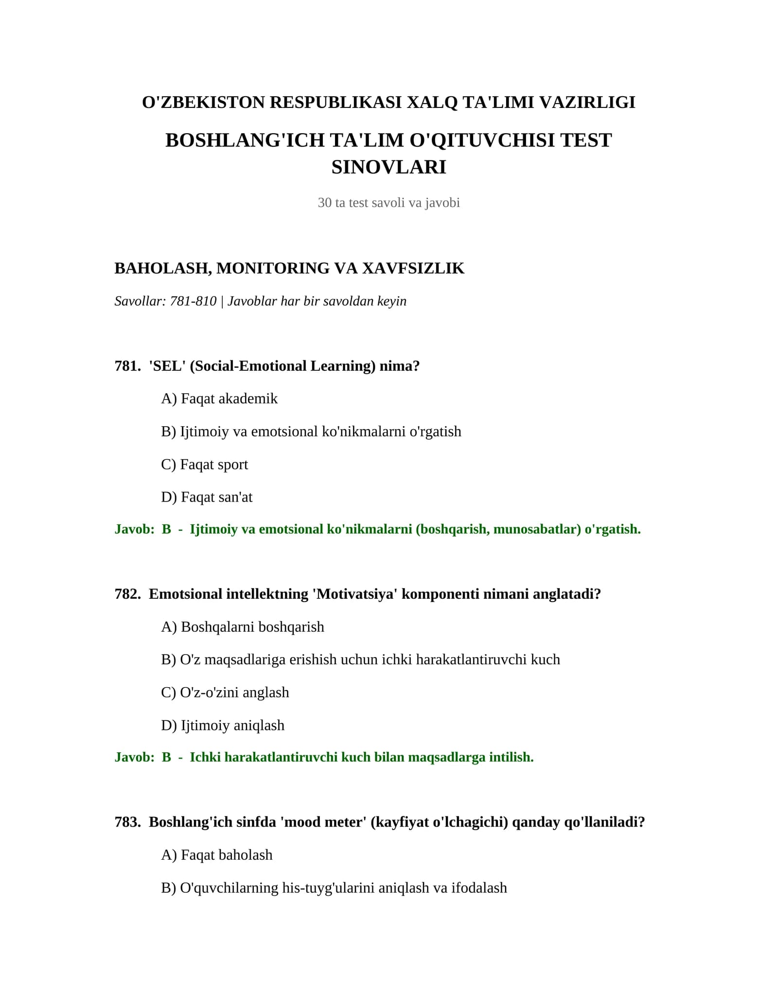 BOSHLANG'ICH TA'LIM O'QITUVCHISI TEST SINOVLARI