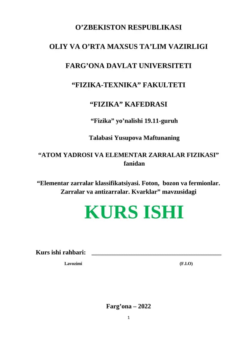 "ATOM YADROSI VA ELEMENTAR ZARRALAR FIZIKASI"