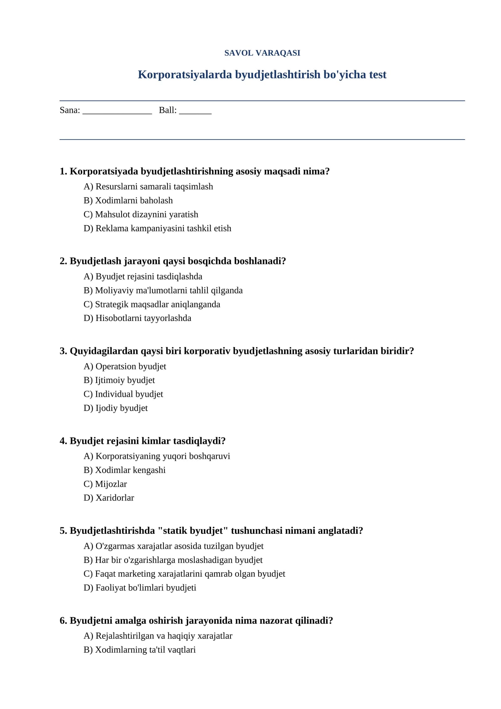 Korporatsiyalarda byudjetlashtirish bo'yicha test