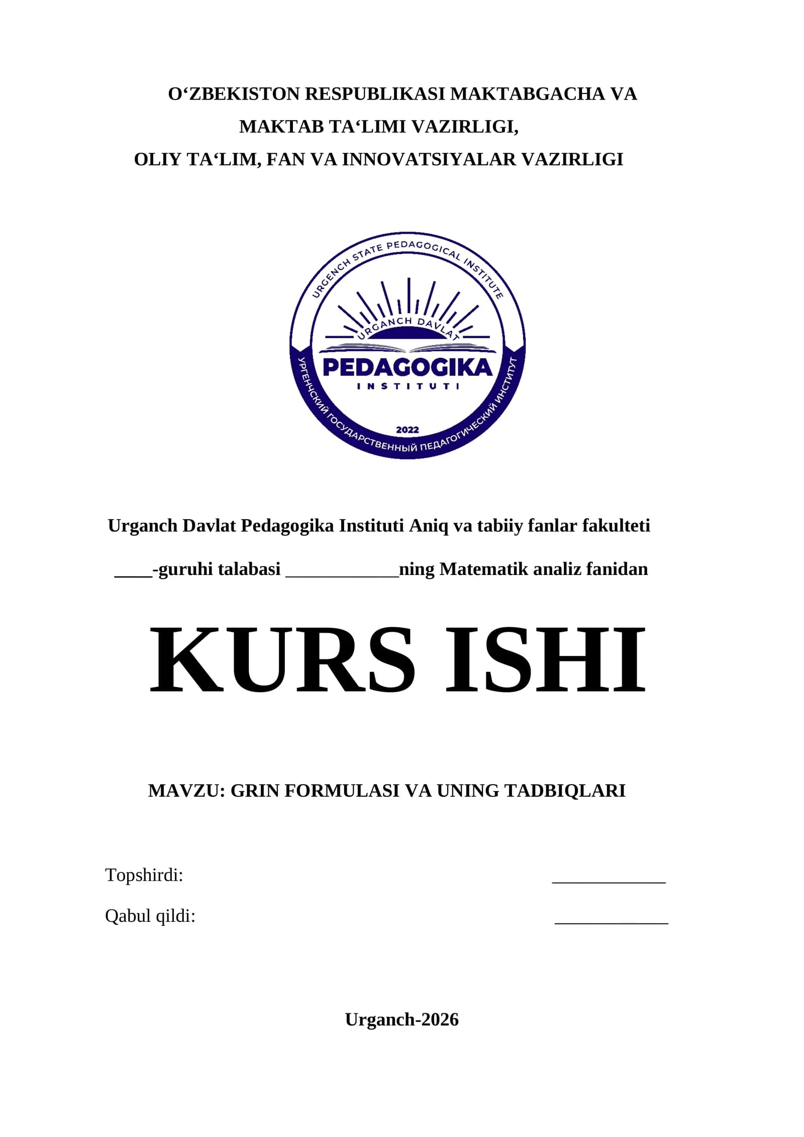 GRIN FORMULASI VA UNING TADBIQLARI