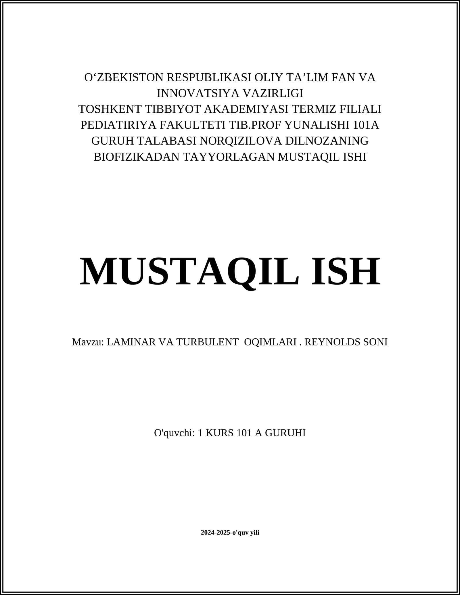 LAMINAR VA TURBULENT OQIMLARI. REYNOLDS SONI