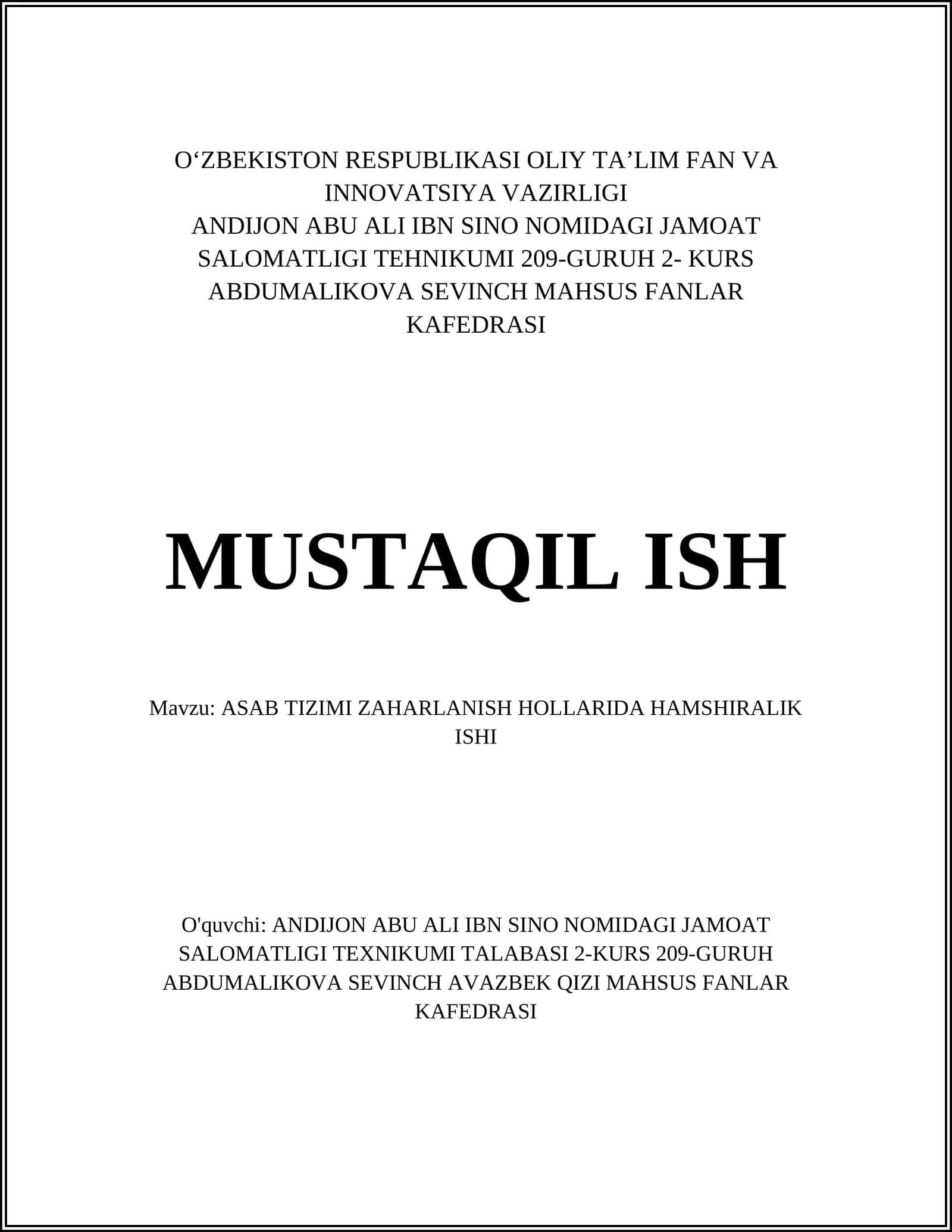 ASAB TIZIMI ZAHARLANISH HOLLARIDA HAMSHIRALIK ISHI