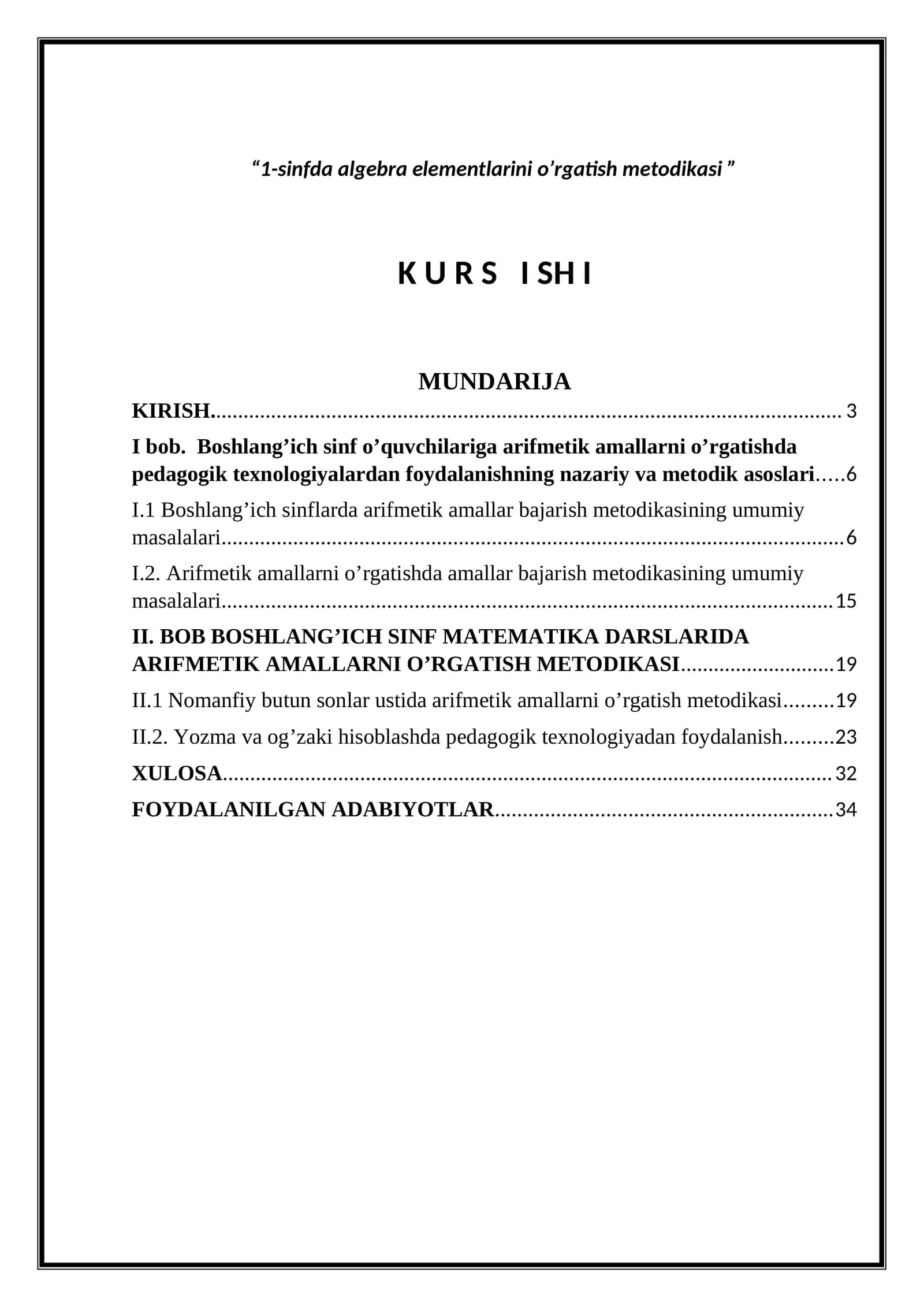 1-sinfda algebra elementlarini o’rgatish metodikasi