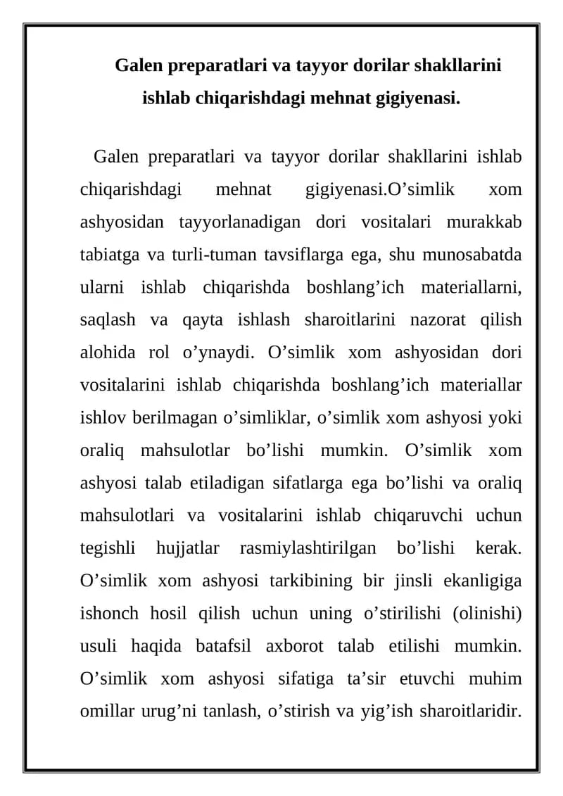 O’simlik xom ashyosidan dori vositasi
