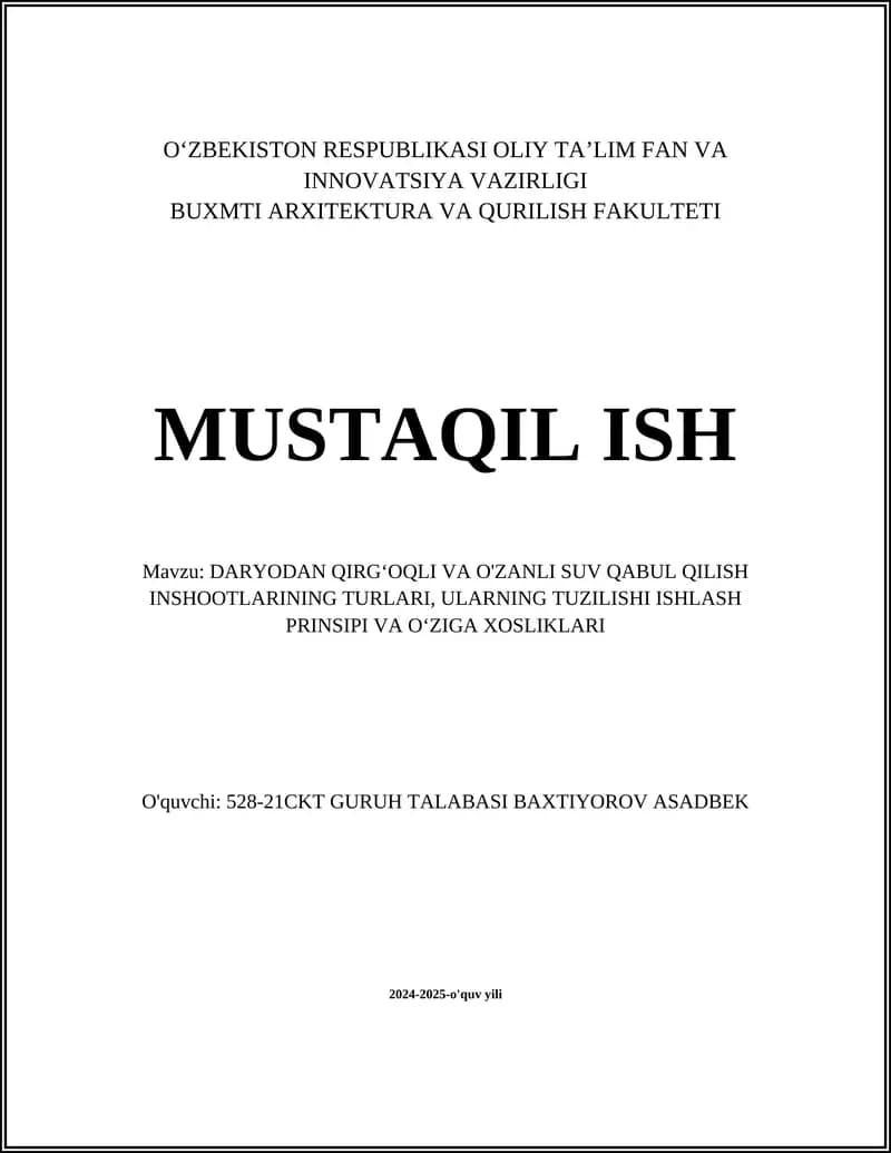 O'zanli suv qabul qilish inshootlari