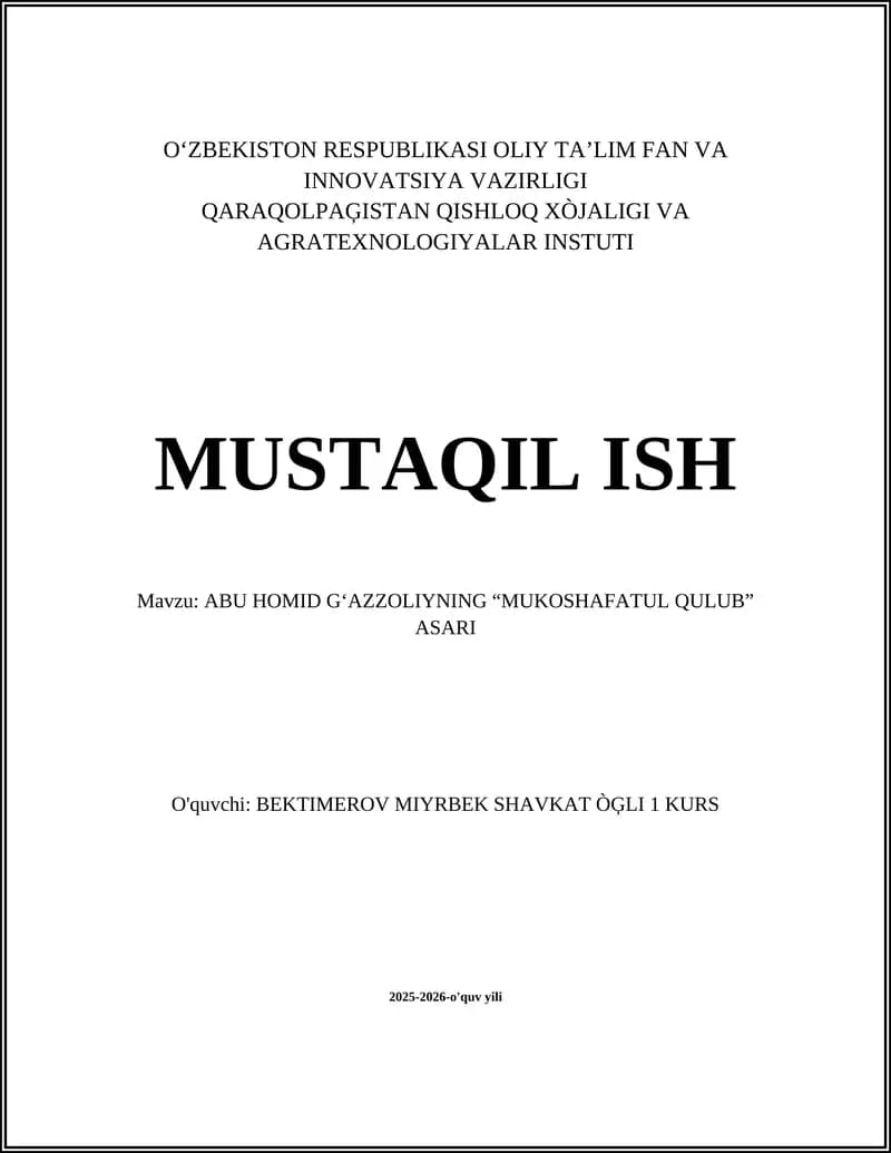 ABU HOMID GʻAZZOLIYNING “MUKOSHAFATUL QULUB” ASARI