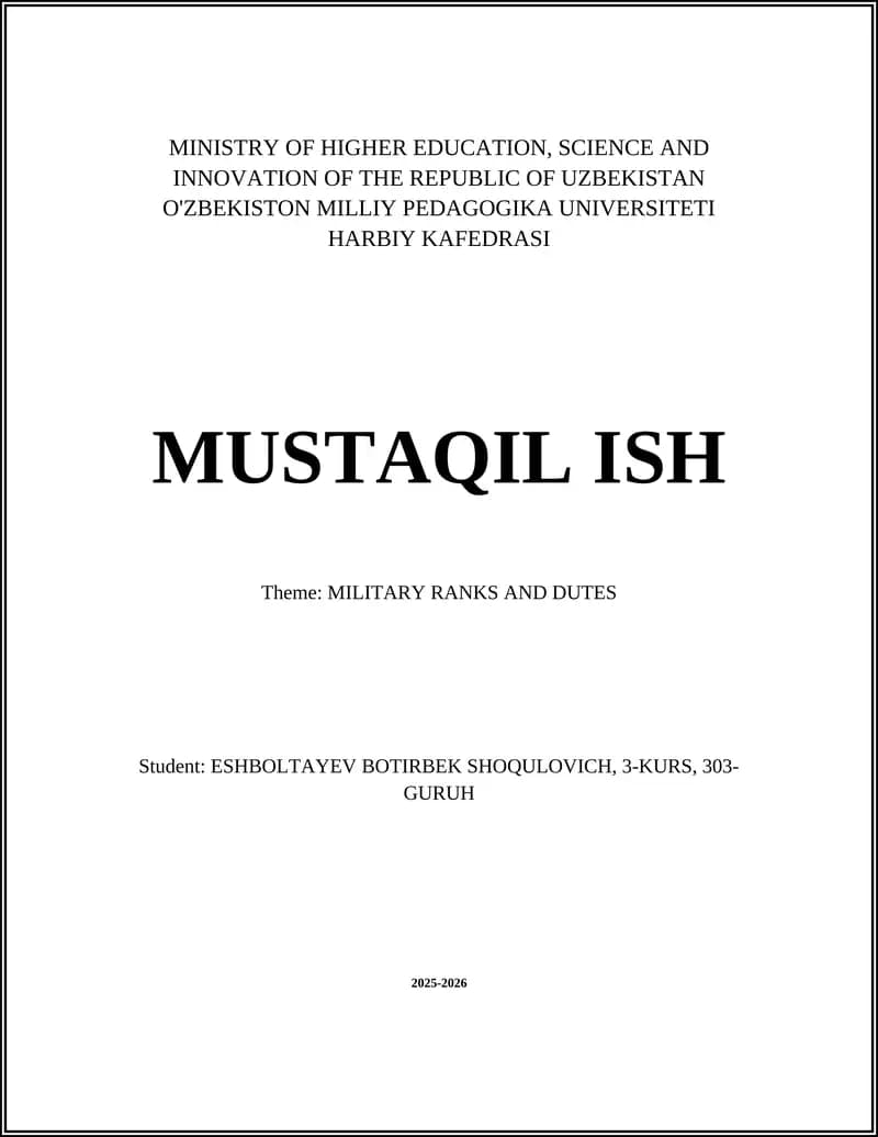 MUSTAQIL ISH: MILITARY RANKS AND DUTES