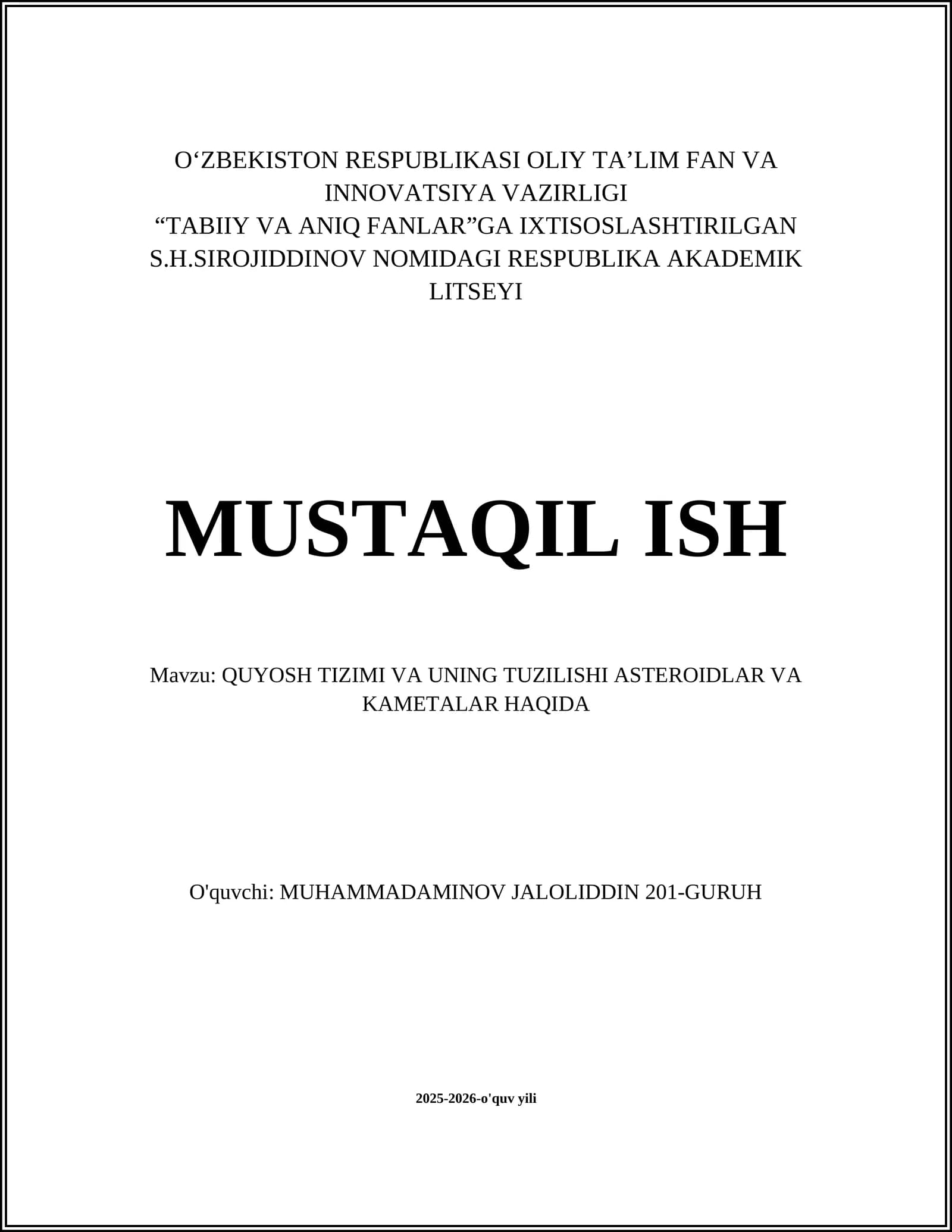 RESPUBLIKA AKADEMIK LITSEYI MUSTAQIL ISH