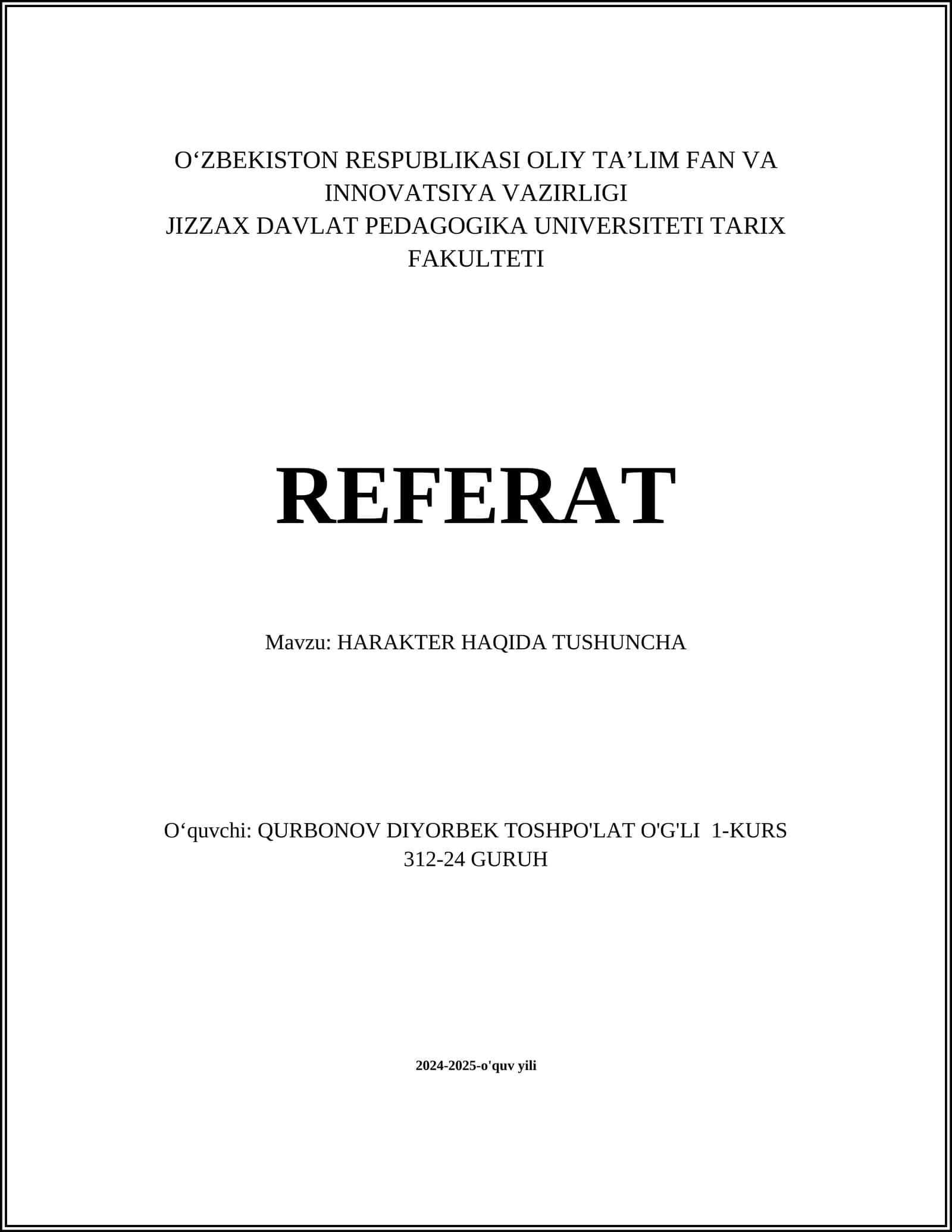 HARAKTER HAQIDA TUSHUNCHA