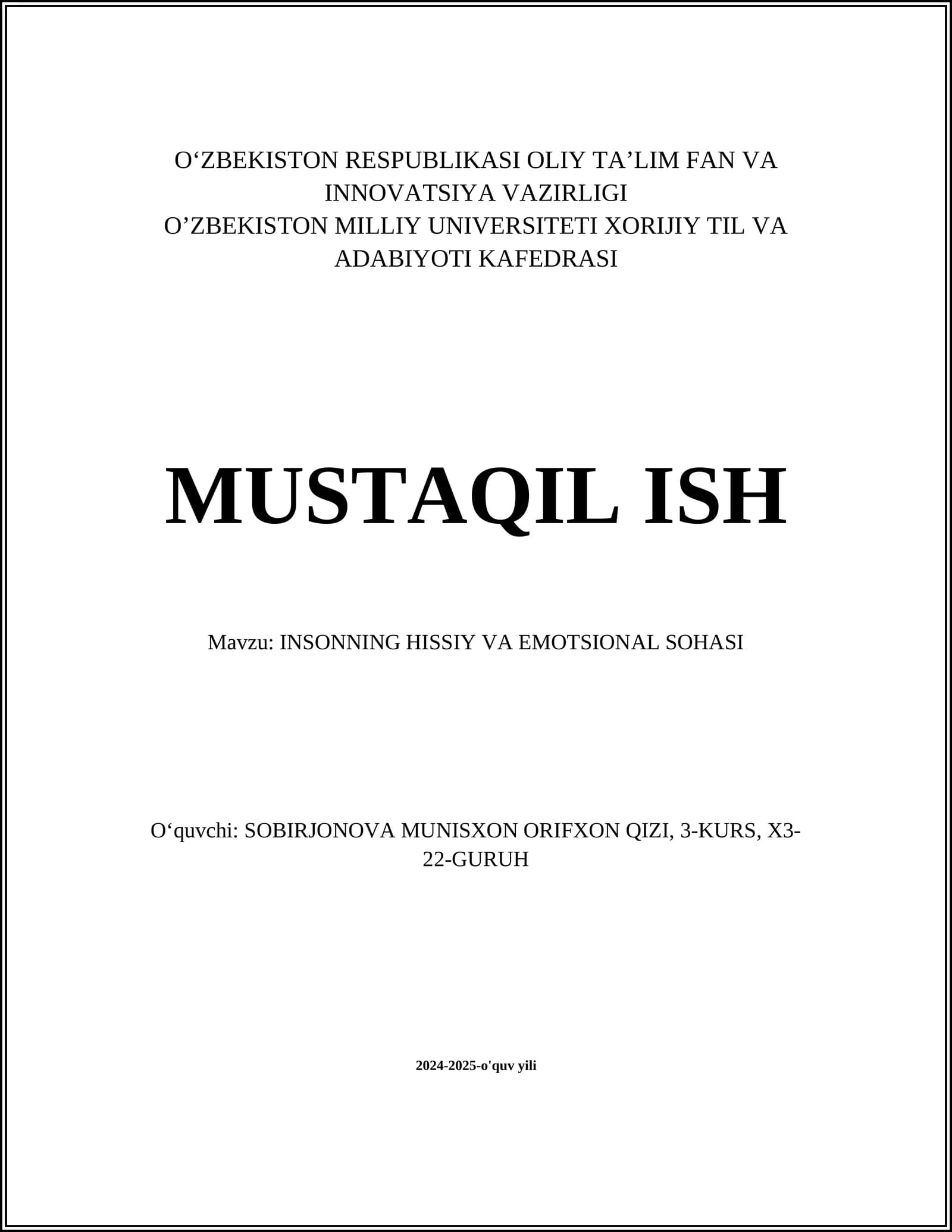 INSONNING HISSIY VA EMOTSIONAL SOHASI