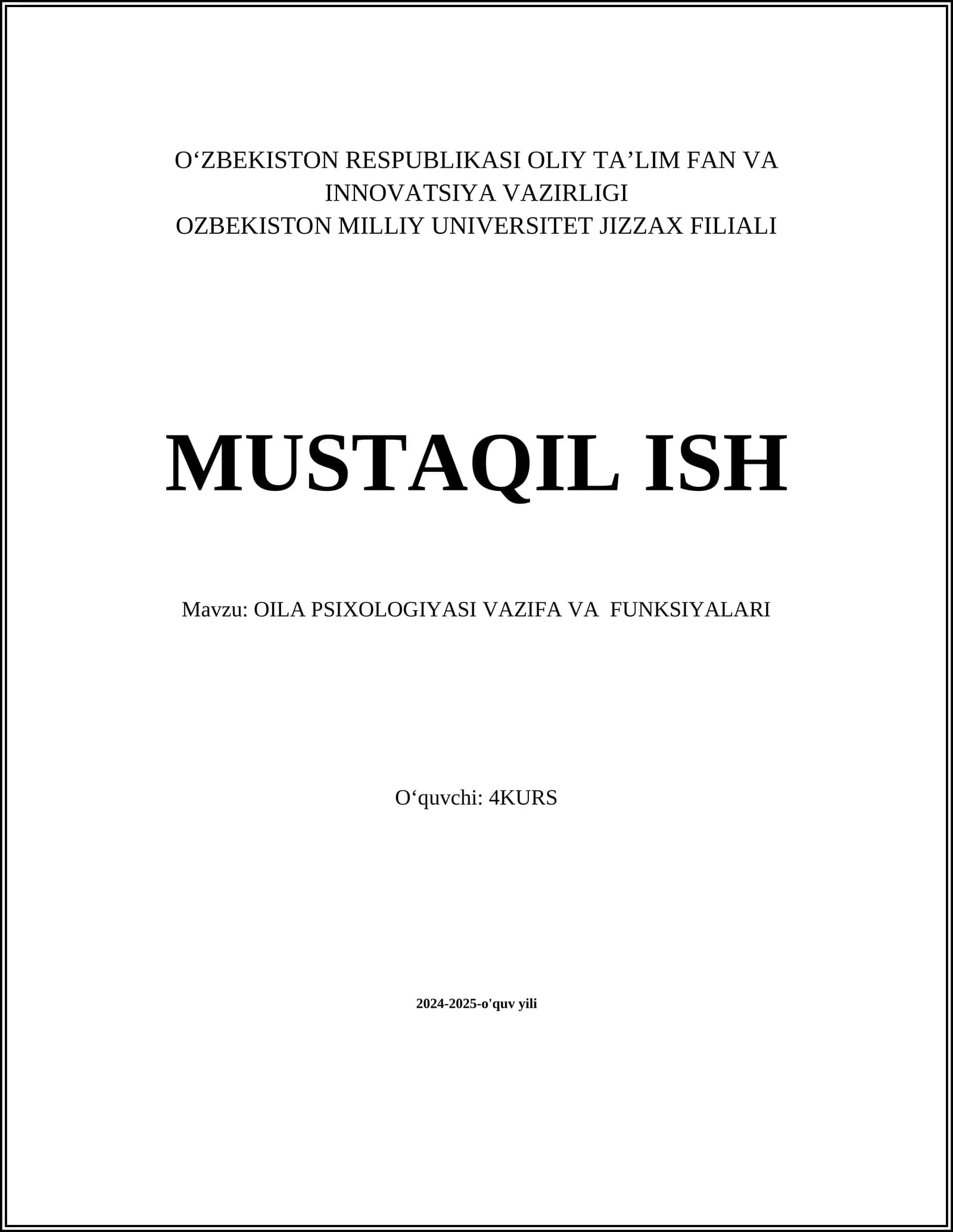OILA PSIXOLOGIYASI VAZIFA VA FUNKSIYALARI