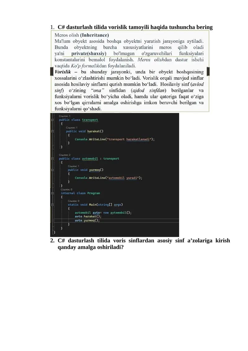 C# dasturlash tilida vorislik, polimorfizm va ichma-ich sinflar