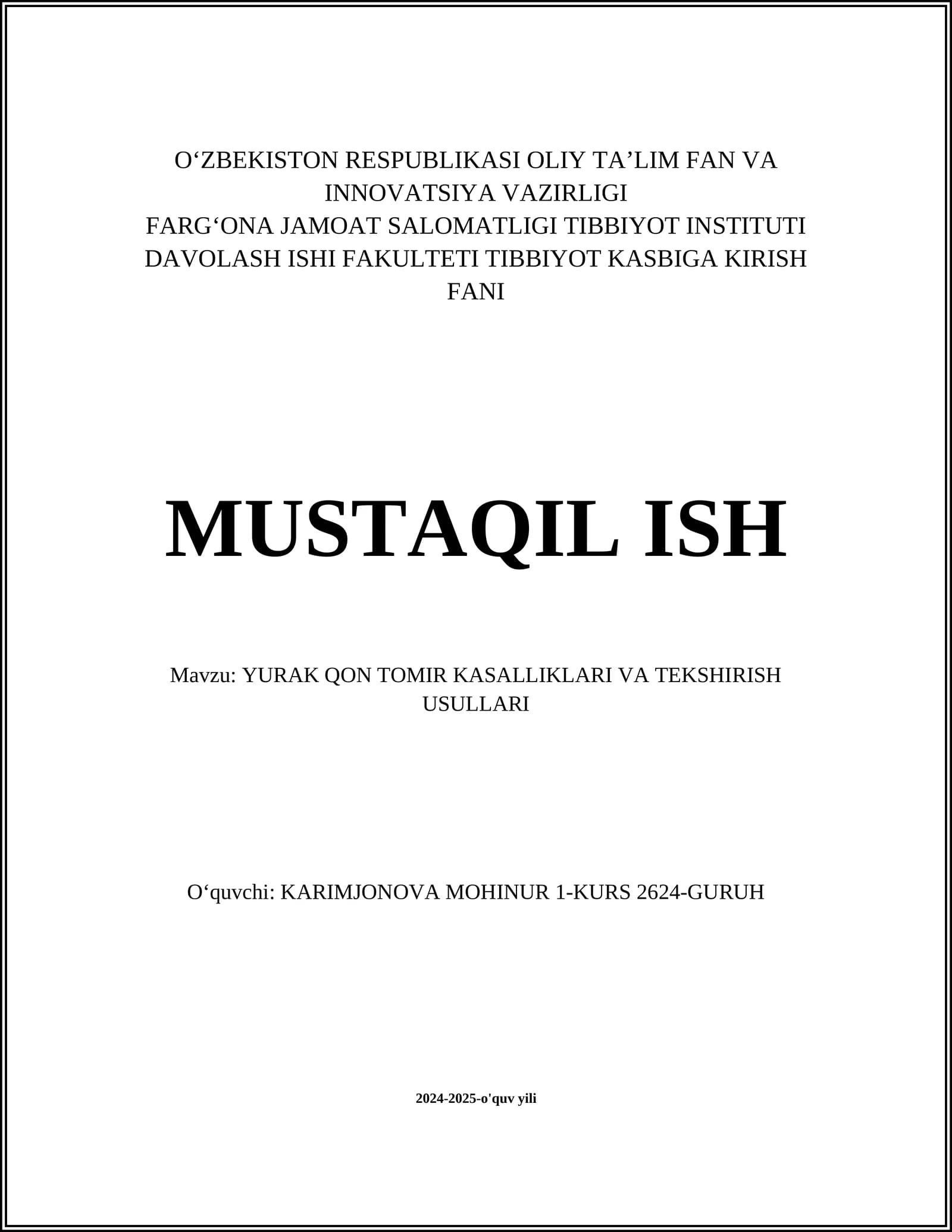 YURAK QON TOMIR KASALLIKLARI VA TEKSHIRISH USULLARI