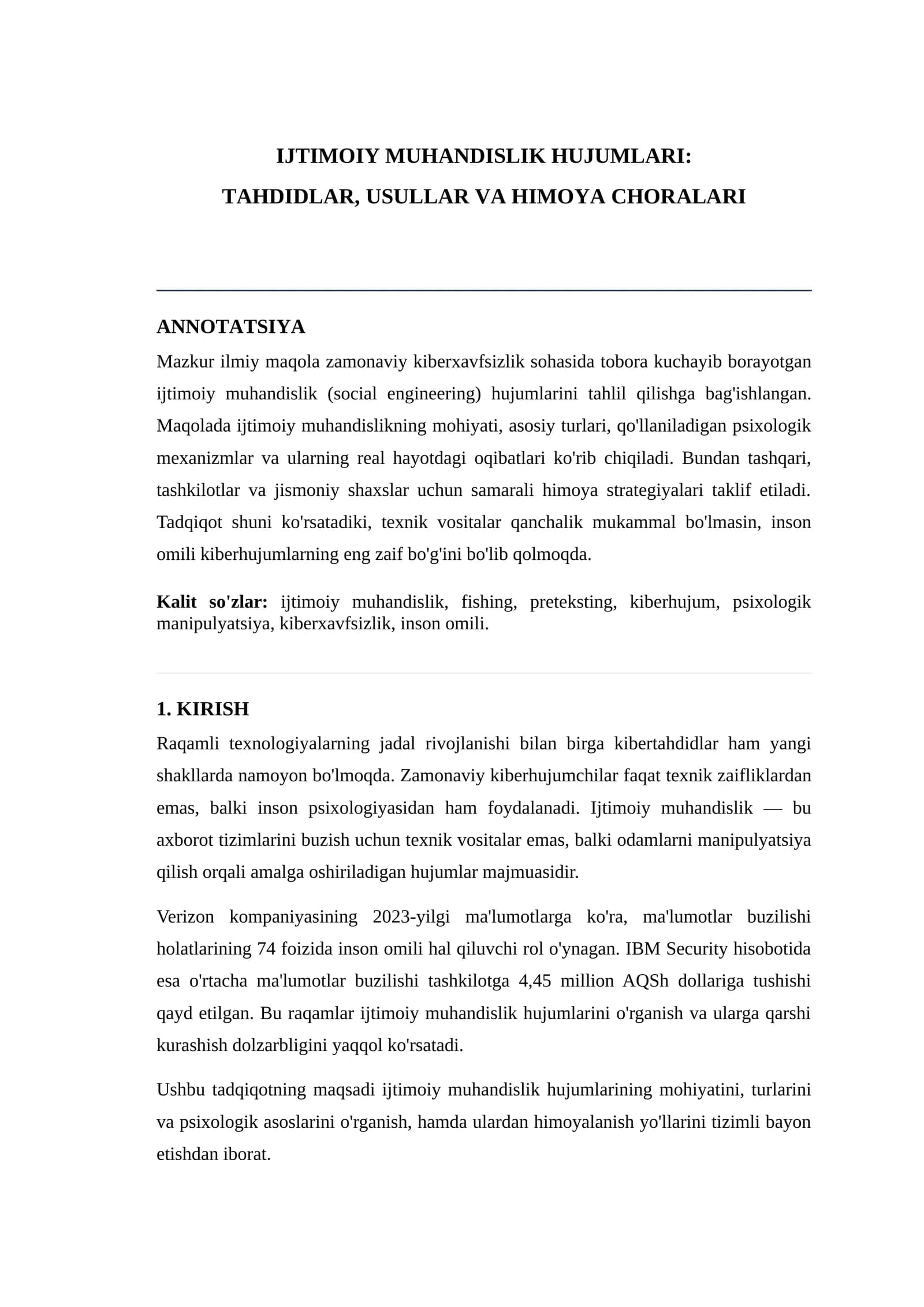 IJTIMOIY MUHANDISLIK HUJUMLARI: TAHDIDLAR, USULLAR VA HIMOYA CHORALARI