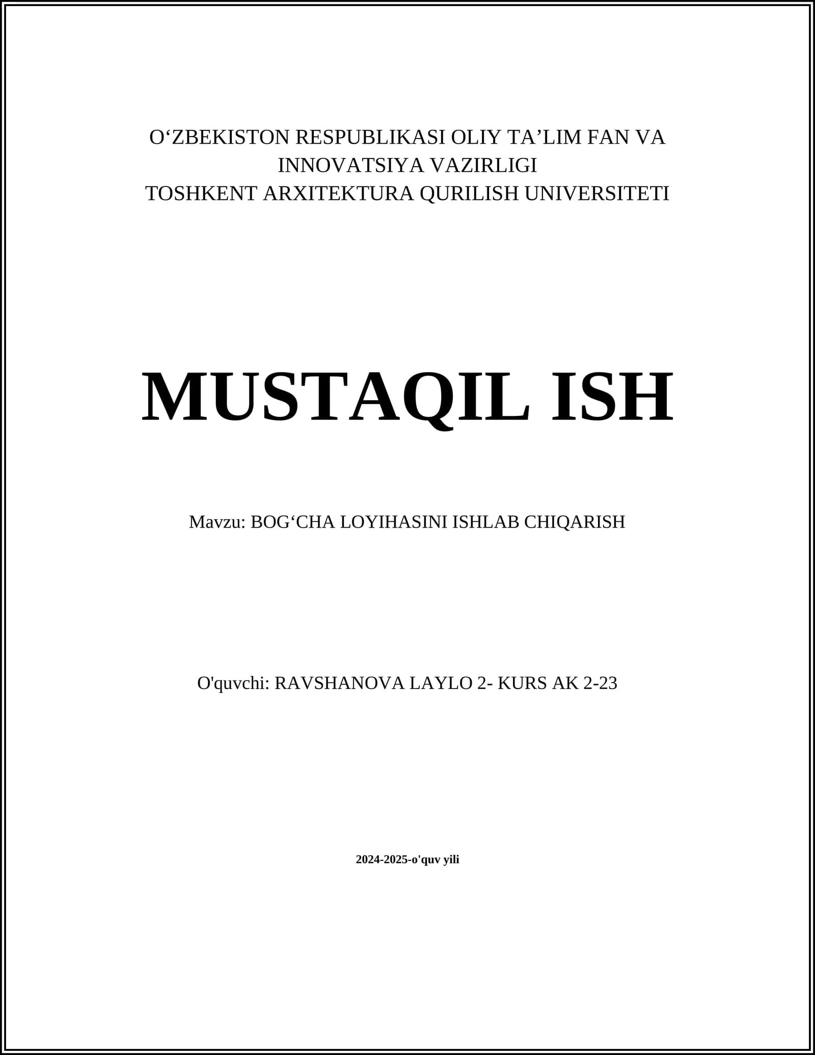 BOGʻCHA LOYIHASINI ISHLAB CHIQARISH