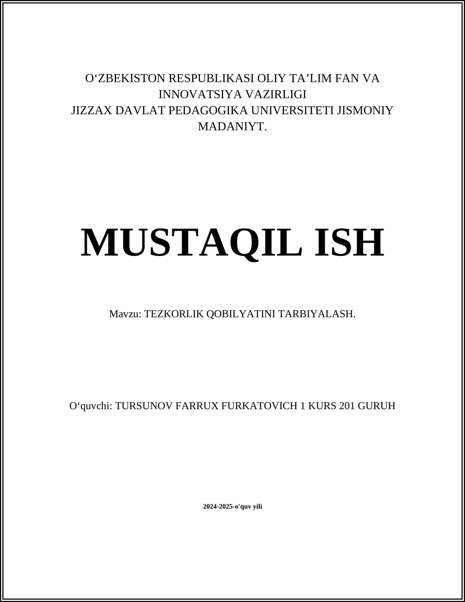 TEZKORLIK QOBILYATINI TARBIYALASH