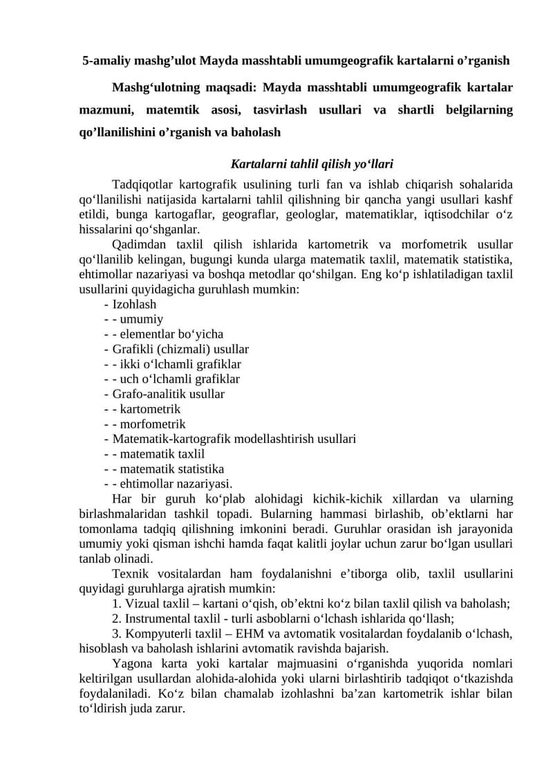 Mayda masshtabli umumgeografik kartalarni o’rganish