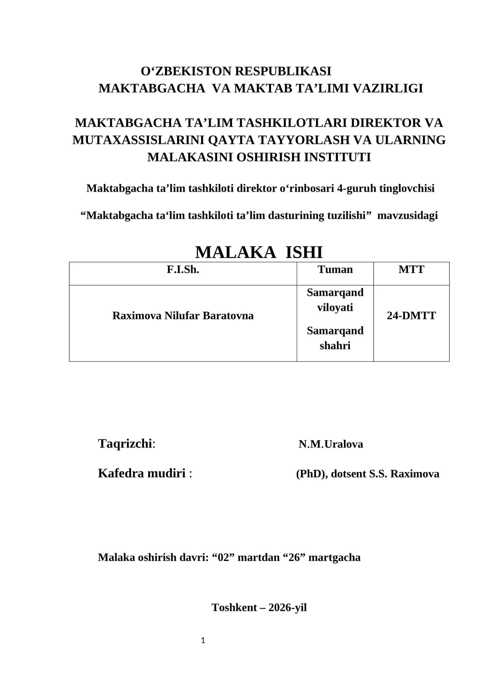 Maktabgacha ta’lim tashkiloti direktor oʻrinbosari 4-guruh tinglovchisi