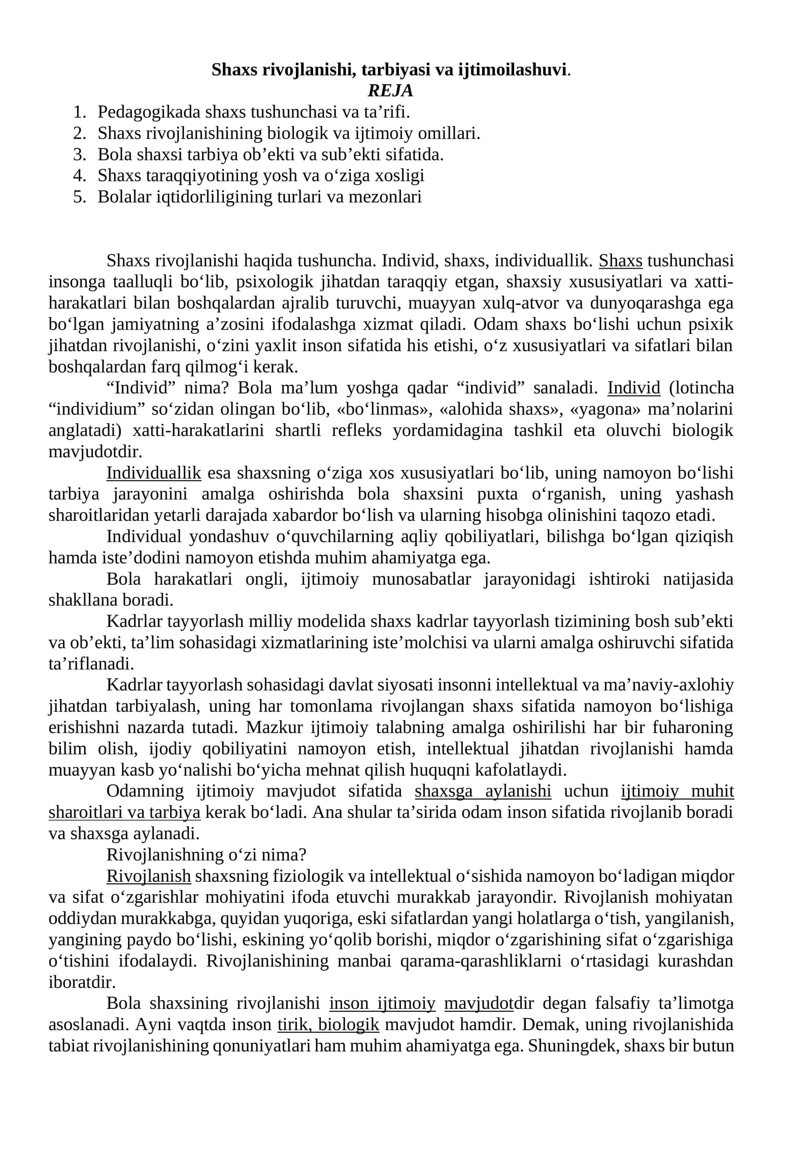 Shaxs rivojlanishi, tarbiyasi va ijtimoiylashuvi