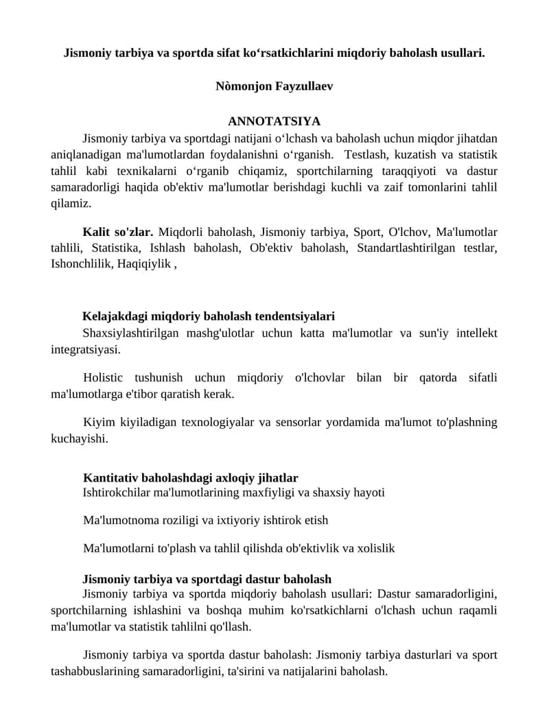 Jismoniy tarbiya va sportda sifat koʻrsatkichlarini miqdoriy baholash usullari