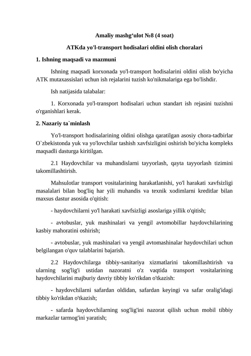 Amaliy mashg‘ulot №8 (4 soat)