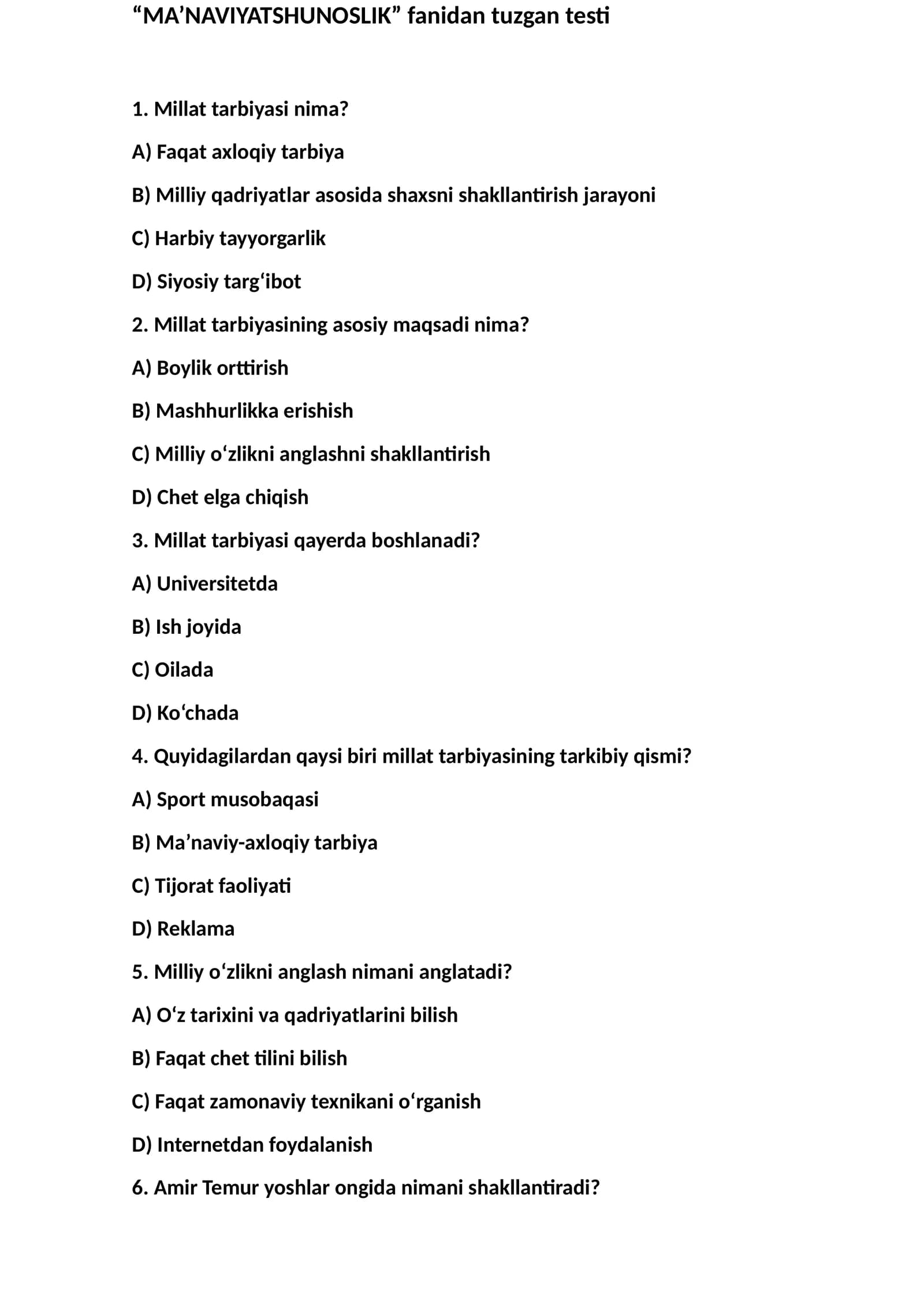 "MA’NAVIYATSHUNOSLIK" fanidan tuzgan testi