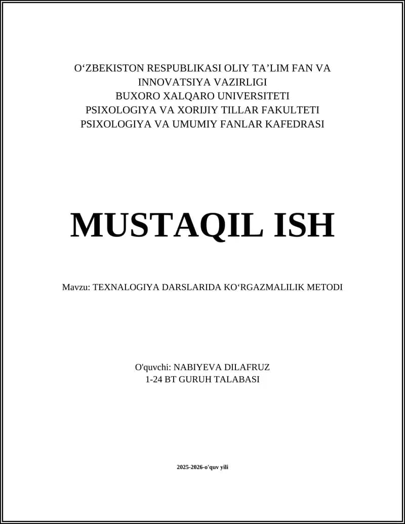 TEXNALOGIYA DARSLARIDA KOʻRGAZMALILIK METODI
