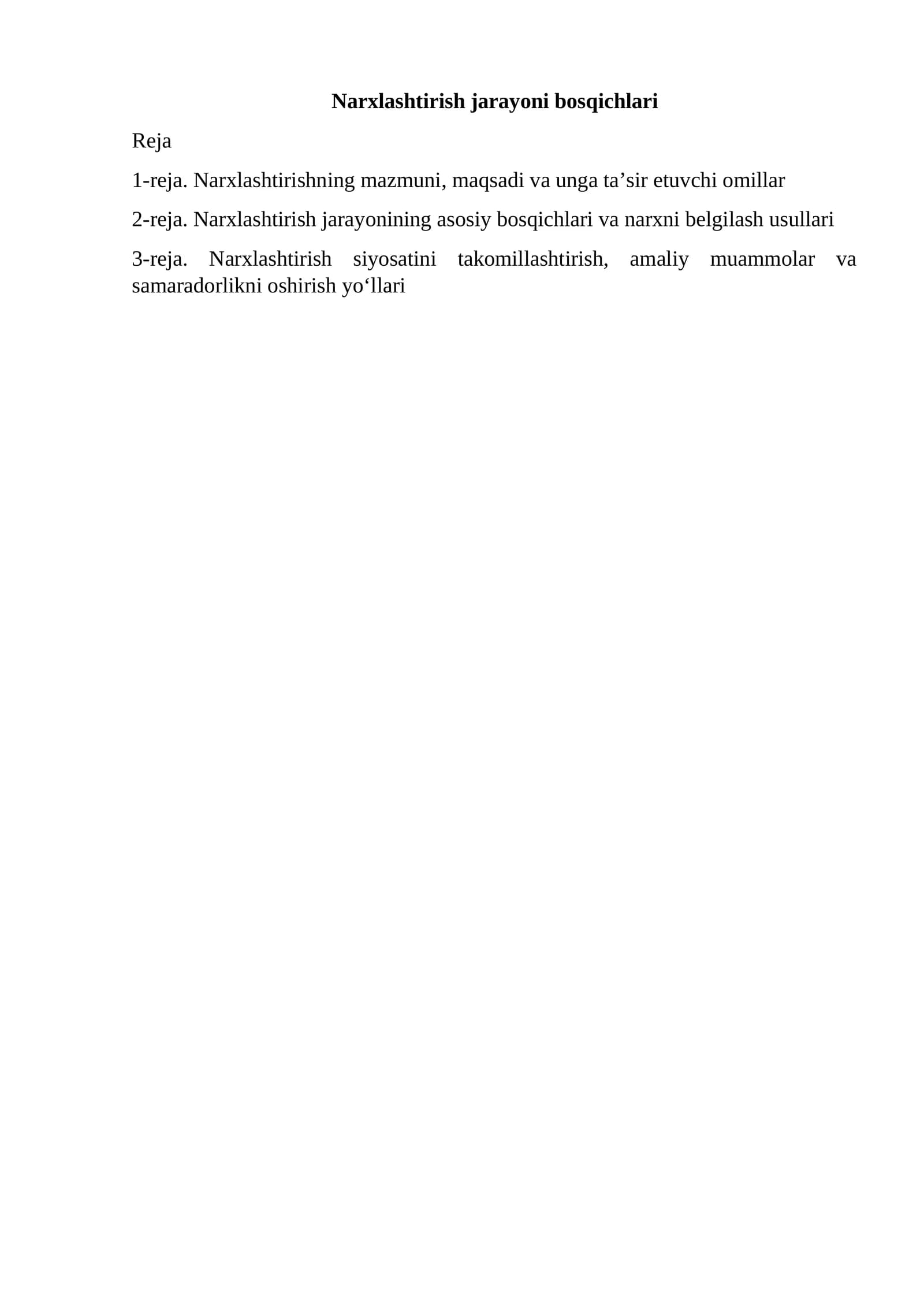 Narxlashtirish jarayoni bosqichlari