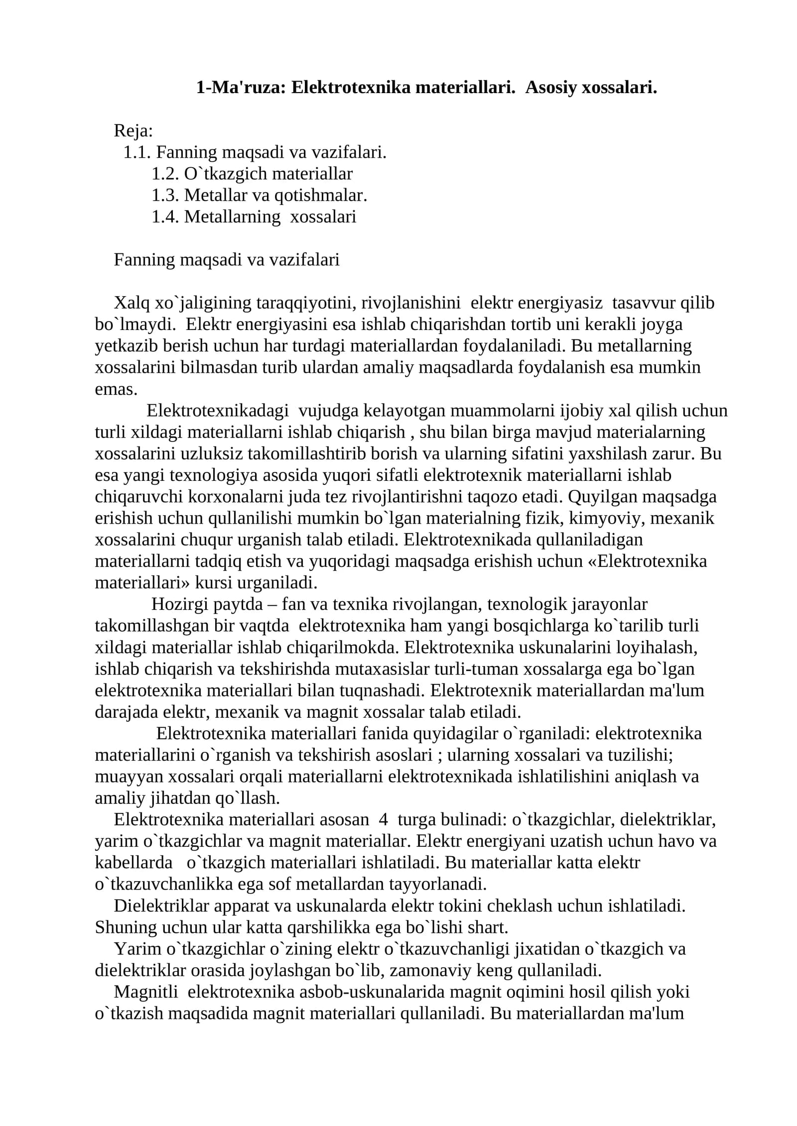 Elektrotexnika materiallari. Asosiy xossalari