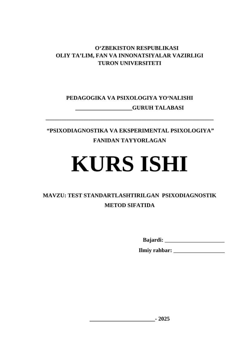 PSIXODIAGNOSTIKA VA EKSPERIMENTAL PSIXOLOGIYA