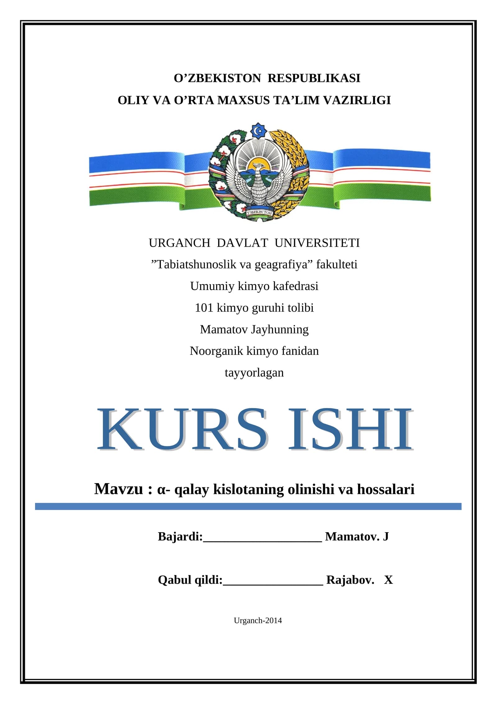 α- qalay kislotaning olinishi va hossalari