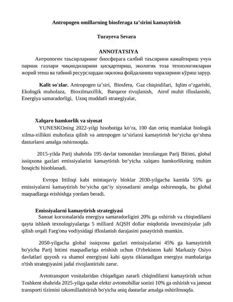 Antropogen omillarning biosferaga ta'sirini kamaytirish
