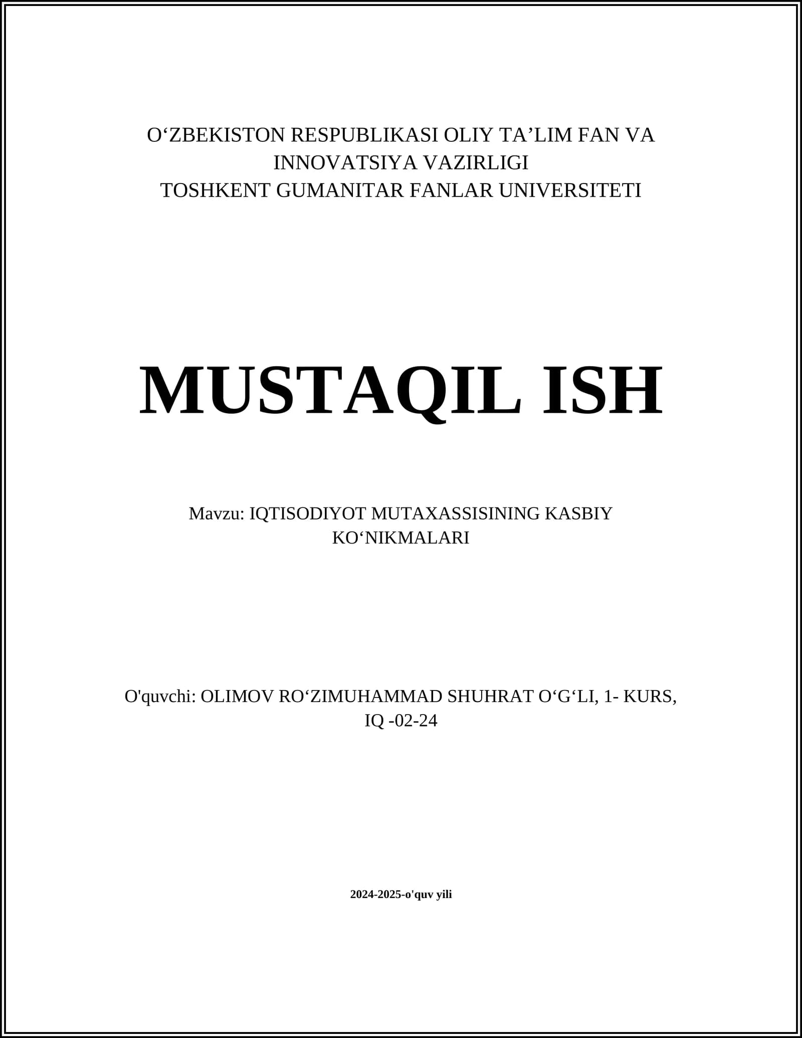 IQTISODIYOT MUTAXASSISINING KASBIY KOʻNIKMALARI
