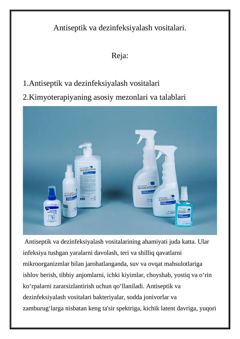 Antiseptik va dezinfeksiyalash vositalari